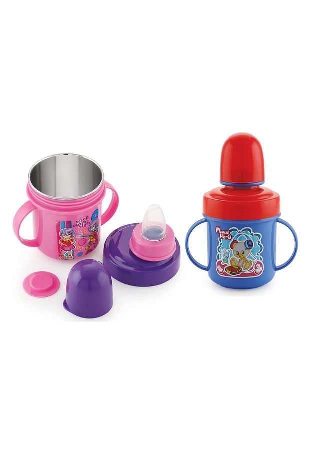Nabhya Combo Of 2 Stainless Steel Plastic Soft Nipple Sippy Cups For Baby Sipper Cup ; Anti Spill Sippy Cup ; Bpa Free ; Plastic Sipper (Blue & Pink) - Image 1