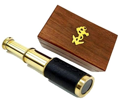 THOR INSTRUMENTS 6 Brass Handheld Telescope with Wooden Box Pirate Navigation with Anchor Wooden Box Rustic Vintage Home Decor Gifts - Image 1