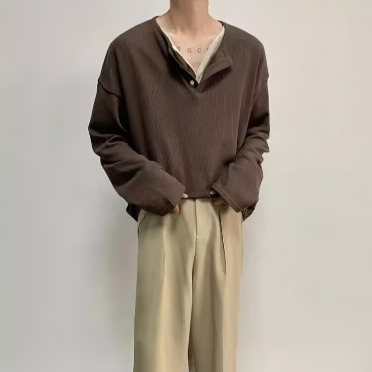 Fake Two-Piece Henry Collar Long-Sleeved T-Shirt Men'S Autumn Ins Korean Style Atmosphere Wear Slim-Fit Inner Wear Men'S Top Autumn - Image 5