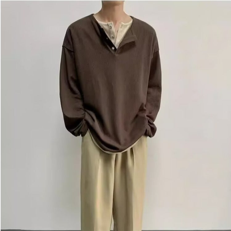 Fake Two-Piece Henry Collar Long-Sleeved T-Shirt Men'S Autumn Ins Korean Style Atmosphere Wear Slim-Fit Inner Wear Men'S Top Autumn - Image 3