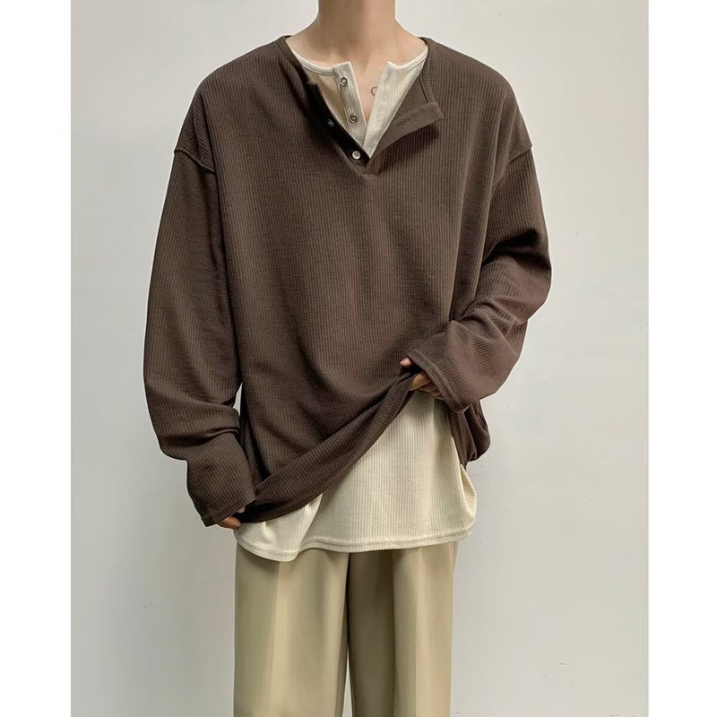 Fake Two-Piece Henry Collar Long-Sleeved T-Shirt Men'S Autumn Ins Korean Style Atmosphere Wear Slim-Fit Inner Wear Men'S Top Autumn - Image 2