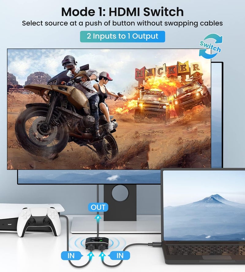 مقسم ومحول HDMI 4K@60Hz، محول HDMI 2.0 من الألومنيوم 2 مدخلات و1 مخرج، مقسم HDMI 1 مدخل و2 مخرج، محول ثنائي الاتجاه يدعم 4K و3D وHDR لأجهزة Xbox وPS5/4/3 ومشغلات Blu-Ray وFire Stick وRoku وأجهزة التلفزيون عالية الدقة. - Image 2