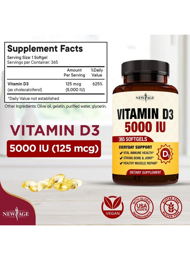 New Age NEW AGE Vitamin D3 5000 IU 125mcg Softgels - Support Immune Support, Strong Bone Health - Non-GMO, Gluten-Free, Dairy-Free,1 Year Supply (360 Softgels (Pack of 1))  - Image 2