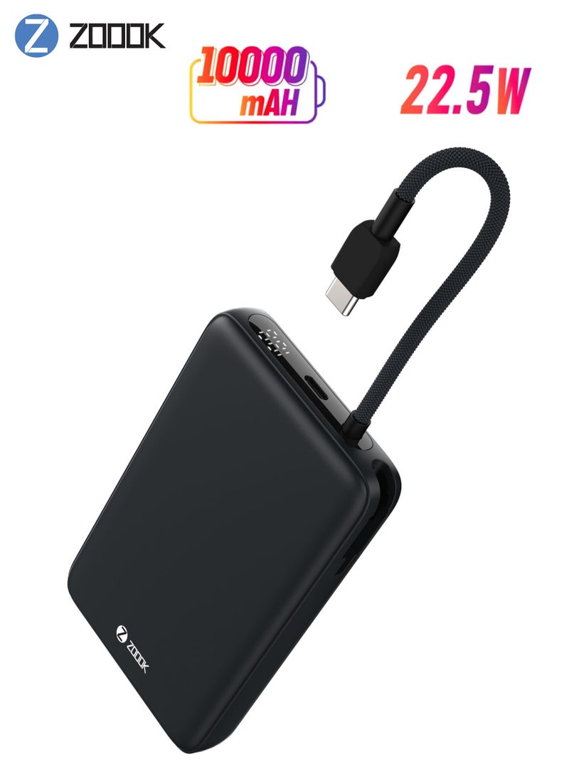 Zoook 10000mAh Power Bank with Built-in USB-C & Lightning Cables 22.5W Super Fast Charging Portable Battery Charger LED Display External Power Bank for iPhone, Samsung, Huawei, Android, iPad, AirPods, Tablets Travel-Friendly Backup Charger Slim Design Compatible with PD Devices & QC 3.0 Black** - Image 1