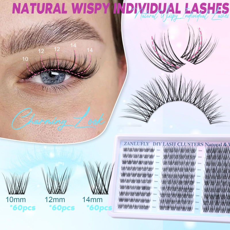 zanlufly Lash Clusters Wispy Eyelash Clusters Natural CC-Curly Cluster Lashes zanlufly Wispy Individual Lashes 180Pcs Eyelash Extension 10 12 14MM DIY Lash Extension - Image 2