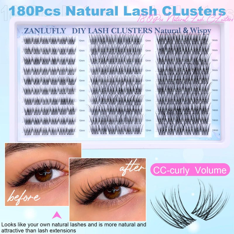 zanlufly Lash Clusters Wispy Eyelash Clusters Natural CC-Curly Cluster Lashes zanlufly Wispy Individual Lashes 180Pcs Eyelash Extension 10 12 14MM DIY Lash Extension - Image 5