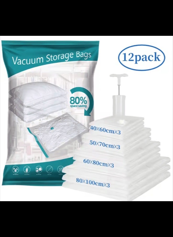 H.F.J 12-Pack Vacuum Storage Bags with Hand Pump - Space Saver Compression Bags for Clothes, Blankets, Comforters - Variety Pack (3 Jumbo, 3 Large, 3 Medium, 3 Small) - Image 1