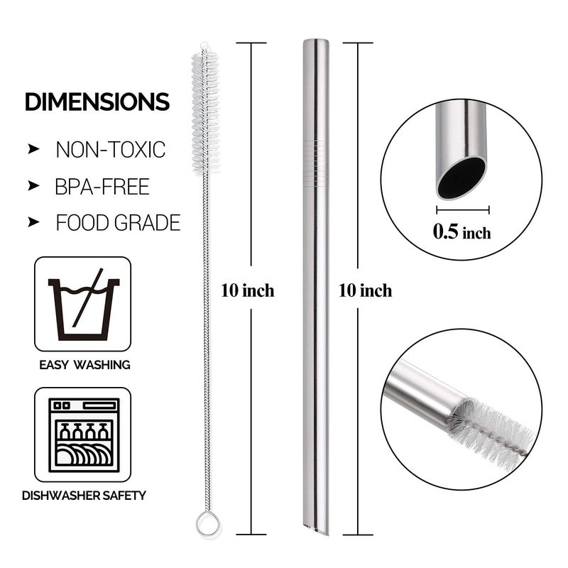 Hiware [Angled Tips] 5 Pcs 10" Reusable Bubble Tea Straws & Smoothie Straws, 0.5" Wide Stainless Steel Straw, Metal Straw for Boba, Tapioca Pearl, Milkshakes, Jumbo Drinks | 2 Cleaning Brushes - Image 2