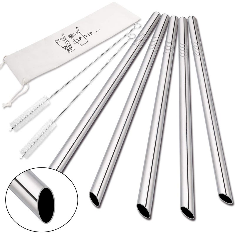 Hiware [Angled Tips] 5 Pcs 10" Reusable Bubble Tea Straws & Smoothie Straws, 0.5" Wide Stainless Steel Straw, Metal Straw for Boba, Tapioca Pearl, Milkshakes, Jumbo Drinks | 2 Cleaning Brushes - Image 1