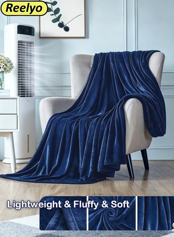 Reelyo Lightweight Fluffy Blanket, Weightless Summer AC Throw Blanket with Breathable Microfiber, Super Soft Luxury Sofa Flannel Fleece Silky Plush All-Season Korean King Size Bed Blanket Thin for Single Double King Size, Ideal for Bed Sofa Couch Travel Camping Cooling Setting (Dark Blue) - Image 1
