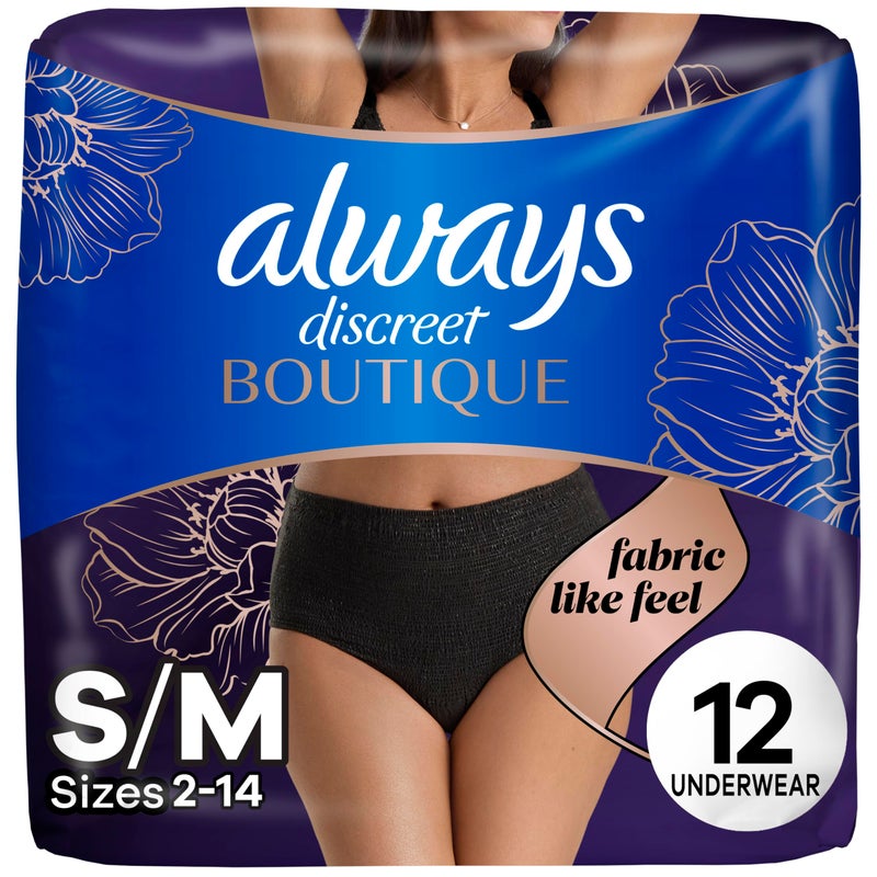 Always Discreet Boutique Incontinence and Postpartum Underwear for Women, Maximum Protection, Small/Medium, Black, 12 Count - Image 1
