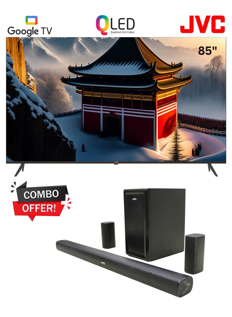 JVC 85" Edgeless 4K UHD QLED Google Tv With 5.1 CH Soundbar with Wireless Subwoofer Home Theater Combo Offer LT-85NQ7145+TH-N430B Black - Image 1