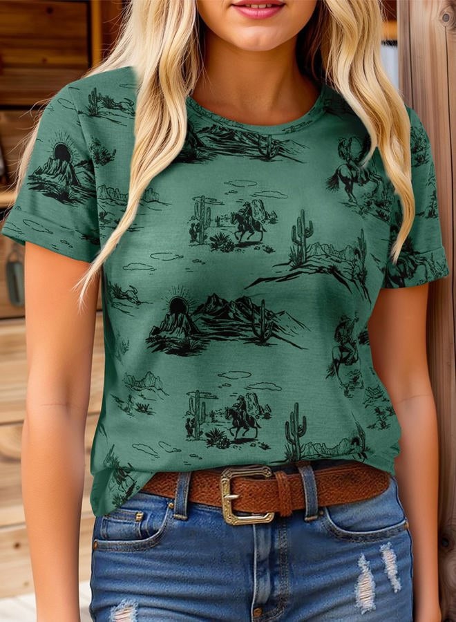 Shein Womens Summer Tops Short Sleeve T-Shirts Western Graphic Crew Neck Casual Cute Tees 2026 Clothes, A Green, S - Image 3