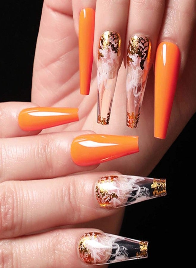 Outyua Glossy Smoke Pattern Fake Nails Coffin Extra Long Press on Nails with Design Ballerina Acrylic Cute False Nails 24Pcs (Orange) - Image 1
