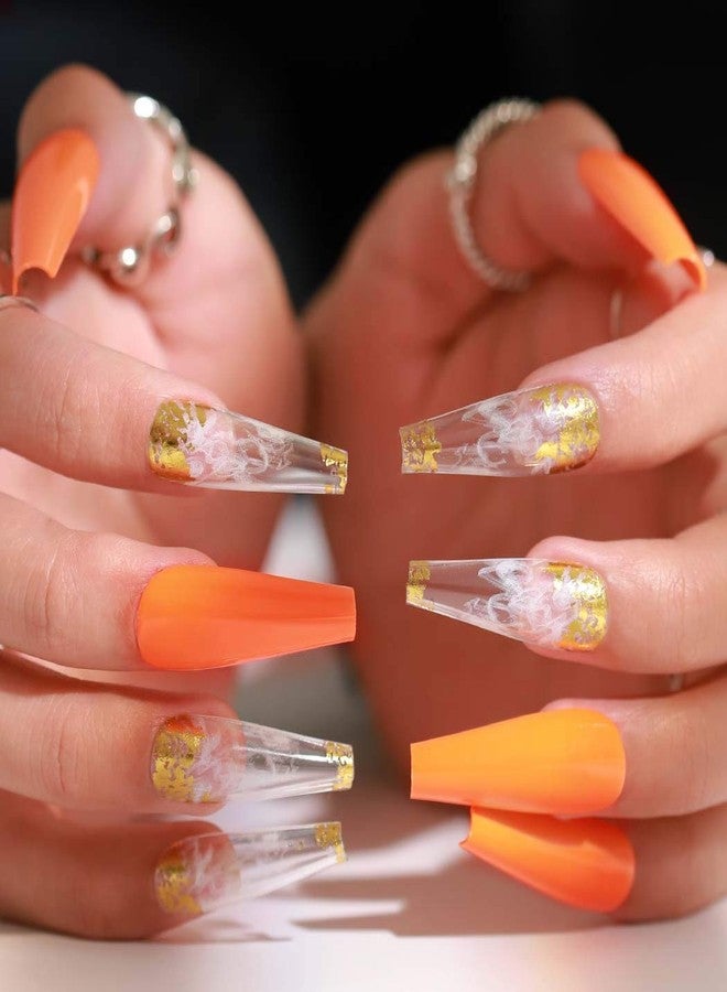 Outyua Glossy Smoke Pattern Fake Nails Coffin Extra Long Press on Nails with Design Ballerina Acrylic Cute False Nails 24Pcs (Orange) - Image 5