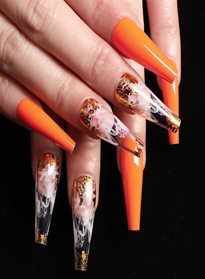 Outyua Glossy Smoke Pattern Fake Nails Coffin Extra Long Press on Nails with Design Ballerina Acrylic Cute False Nails 24Pcs (Orange) - Image 3