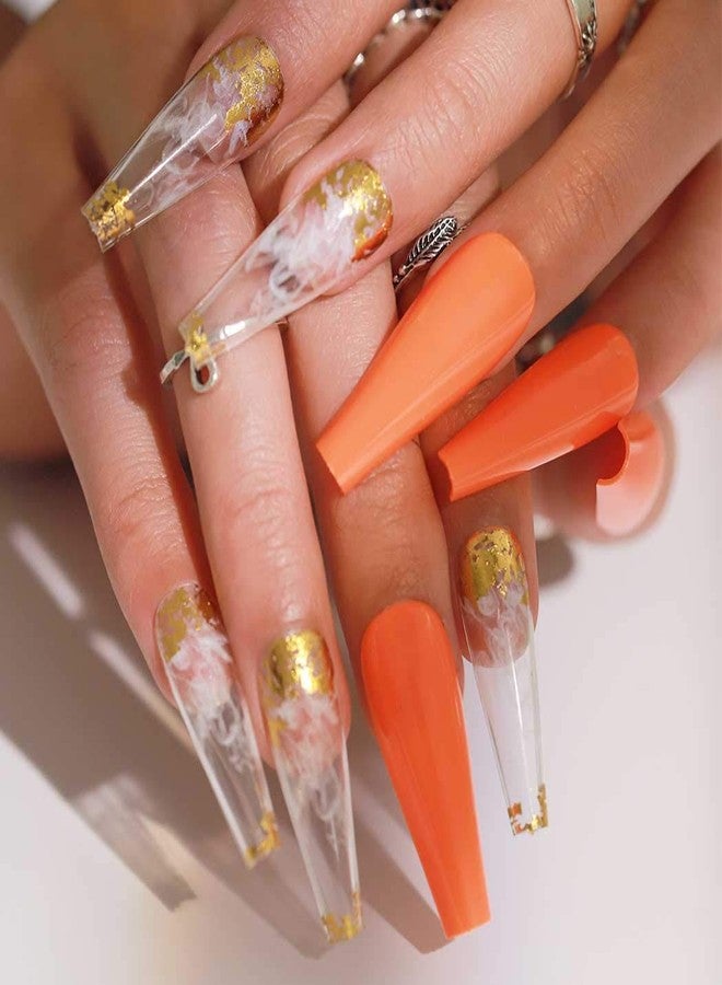 Outyua Glossy Smoke Pattern Fake Nails Coffin Extra Long Press on Nails with Design Ballerina Acrylic Cute False Nails 24Pcs (Orange) - Image 4