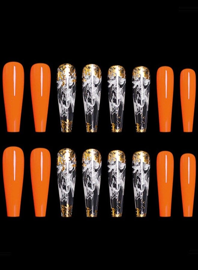 Outyua Glossy Smoke Pattern Fake Nails Coffin Extra Long Press on Nails with Design Ballerina Acrylic Cute False Nails 24Pcs (Orange) - Image 2