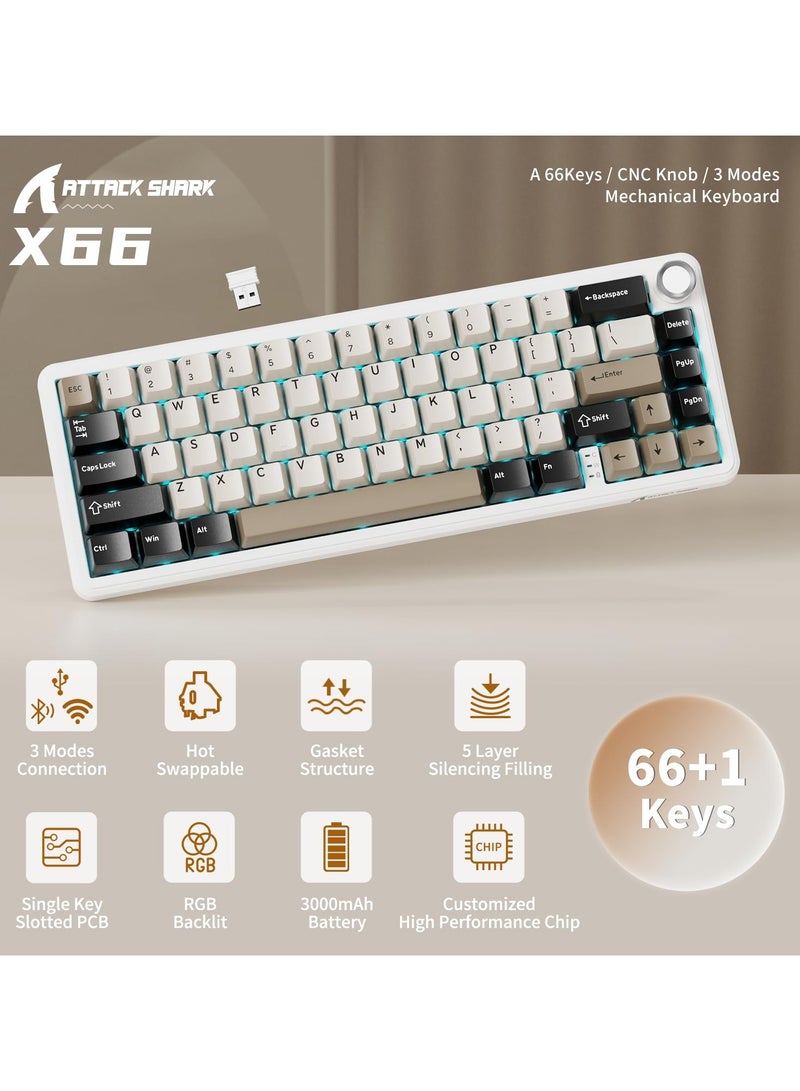 Attack Shark X66 Wireless Mechanical Gaming Keyboard with Knob,Tri Mode USB-C/BT5.0/2.4G Gasket Mounted 60% RGB Gaming Keyboard, Side Printed PBT Keycap,Hot Swappable Strawberry Switch - Image 2
