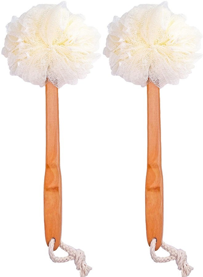 JINS-Hung Shower Loofah Body & Back Scrubber - Exfoliating Loofah luffa Bath Brush On a Stick - with Long Wooden Handle Back Brush for Men & Women - Easy Reach Body Wash & Lotion Applicator（ 2 Pack- White） - Image 1