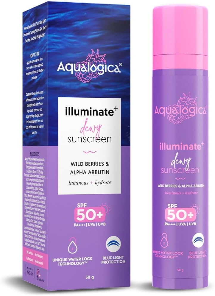 Aqualogica أكوالوجيكا إلومينيت+ واقي شمس رطب لجميع أنواع البشرة SPF 50+ PA++++ مع التوت البري وألفا أربوتين - 50 جرام حماية ضد UVA/B وحماية من الضوء الأزرق خالي من العطور لبشرة مضيئة ومحميّة من الشمس