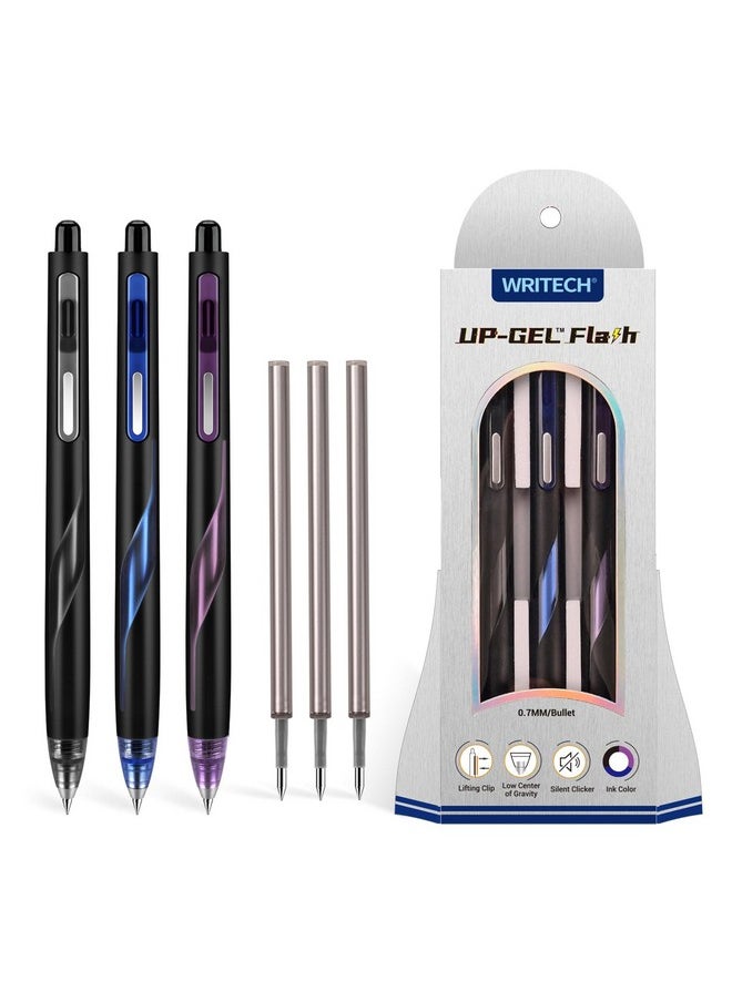 WRITECH Retractable Gel Ink Pens: Low Center Of Gravity 0.7Mm Multicolor Medium Point With Refills Silent Click No Smear Pen Black Blue Purple 3Ct Up Gel Flash  - Image 1