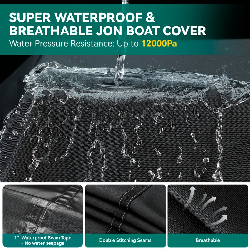 Nukugula غطاء قارب جون ثقيل 5 طبقات 1200D بطول 12 قدم - 14 قدم مع غطاء محرك، 100% مقاوم للماء وقابل للسحب، أغطية قارب جون بطول 12-14 قدم مع 9+4 قطع من أحزمة مقاومة للرياح - Image 3