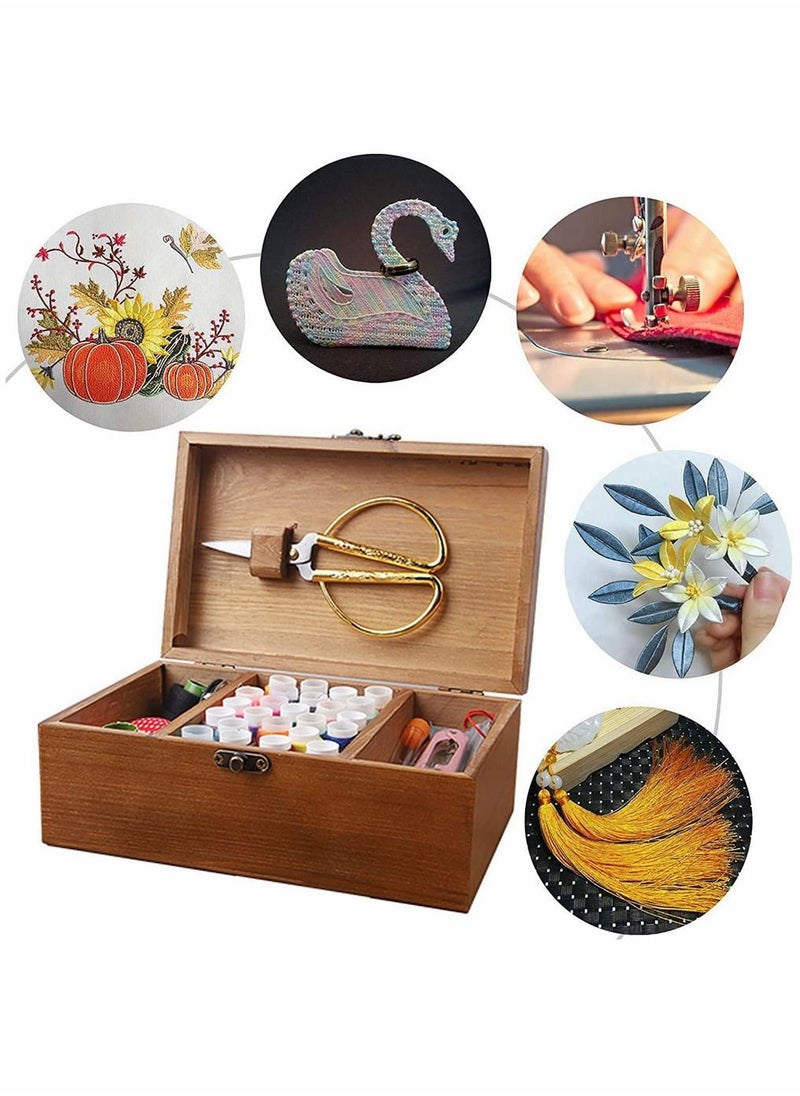 HomarKet 124 PCS Sewing Kit Box Basket Wooden Vintage Accessories Organizer Tools Supply Case Repair Set Storage Threads Needles Scissors for Hand Machine DIY Craft Beginners Adults Kids Home Emergencies  - Image 1