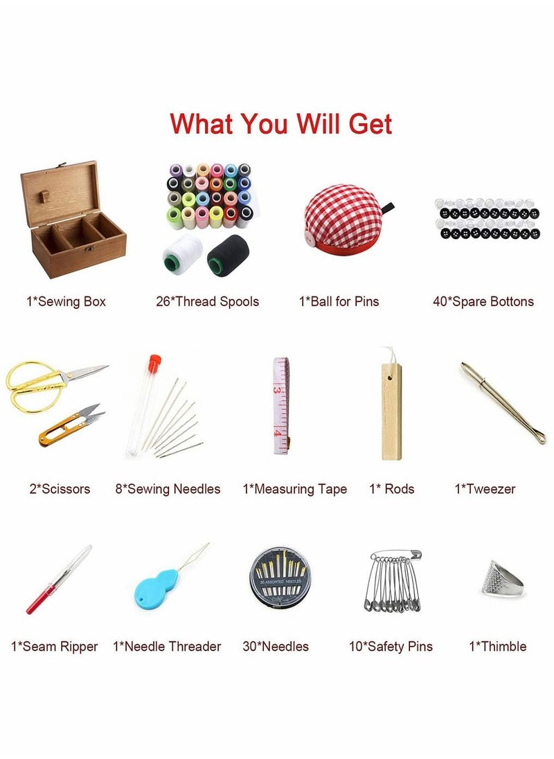 HomarKet 124 PCS Sewing Kit Box Basket Wooden Vintage Accessories Organizer Tools Supply Case Repair Set Storage Threads Needles Scissors for Hand Machine DIY Craft Beginners Adults Kids Home Emergencies  - Image 5