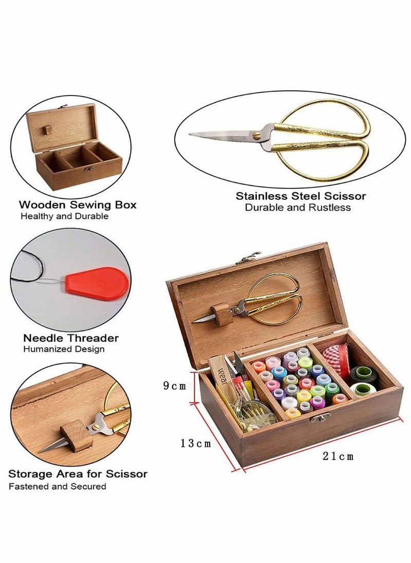 HomarKet 124 PCS Sewing Kit Box Basket Wooden Vintage Accessories Organizer Tools Supply Case Repair Set Storage Threads Needles Scissors for Hand Machine DIY Craft Beginners Adults Kids Home Emergencies  - Image 2