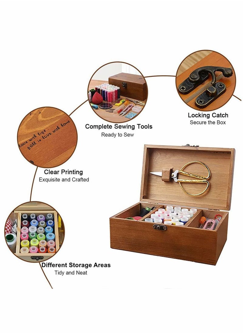 HomarKet 124 PCS Sewing Kit Box Basket Wooden Vintage Accessories Organizer Tools Supply Case Repair Set Storage Threads Needles Scissors for Hand Machine DIY Craft Beginners Adults Kids Home Emergencies  - Image 3