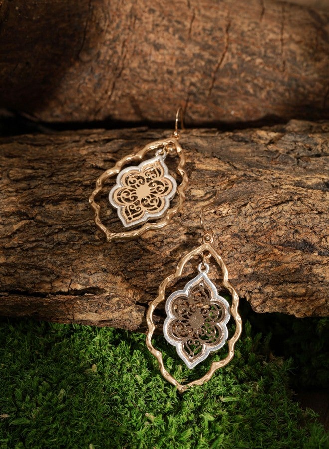 MINACHI Vintage Layered Cutout Nature Floral Flower Dangle Drop Earrings, Vintage Fashion Statement Jewelry Gift for Women (1) - Image 3