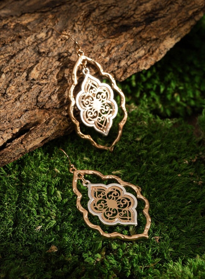 MINACHI Vintage Layered Cutout Nature Floral Flower Dangle Drop Earrings, Vintage Fashion Statement Jewelry Gift for Women (1) - Image 2