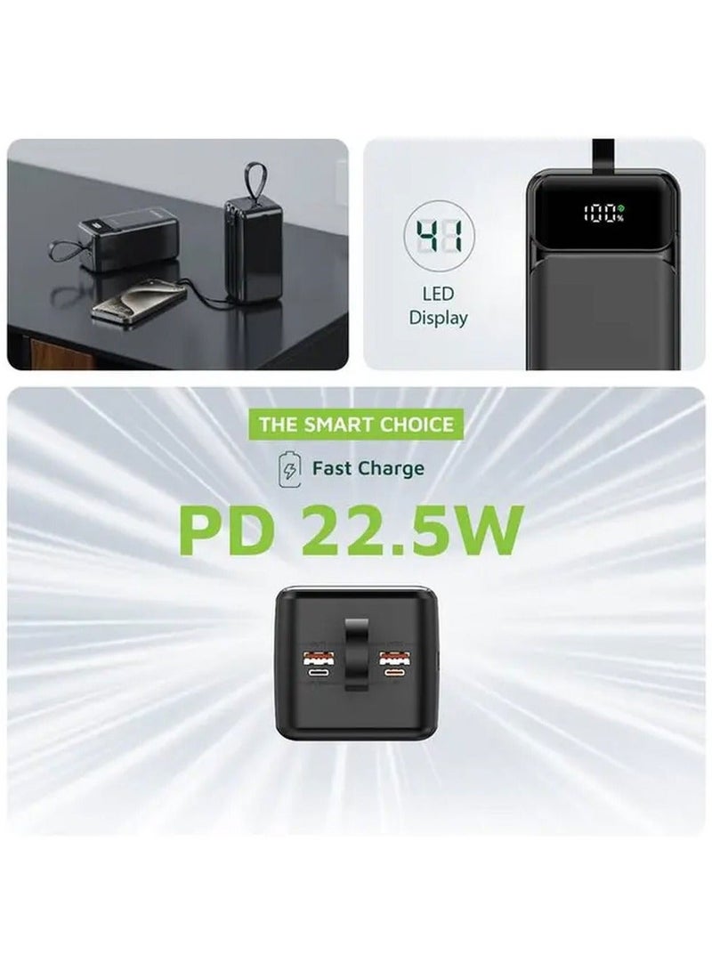 جرين ليون بنك طاقة بسعة 50000mAh، شحن سريع 22.5W PD، بنك طاقة مزود بكابل Lightning مدمج، شاحن محمول مع منفذين USB-C و2 منفذ USB-A، مثالي للسفر، التخييم، والأنشطة الخارجية - Image 2