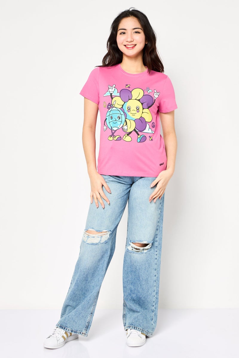 ONLY Women Round Neck Short Sleeve Graphic Print Top, Pink - Image 2