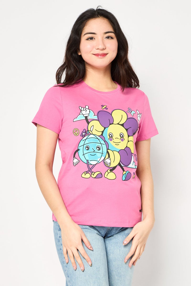 ONLY Women Round Neck Short Sleeve Graphic Print Top, Pink - Image 1