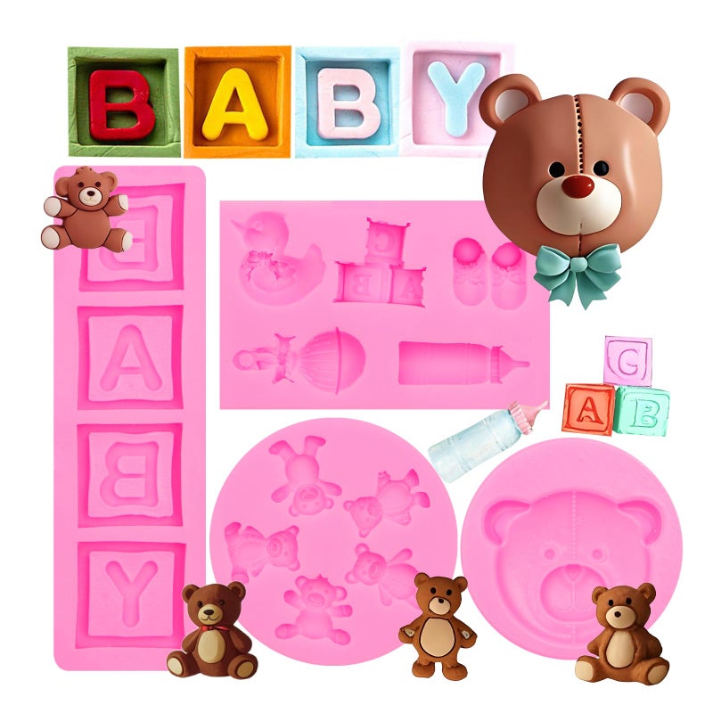 muyulin Bear Fondant Mold Silicone 4 Pieces Teddy Bear Chocolate Molds with BABY Letters for Baby Shower Cupcake Toppers Cake Decoration - Image 1