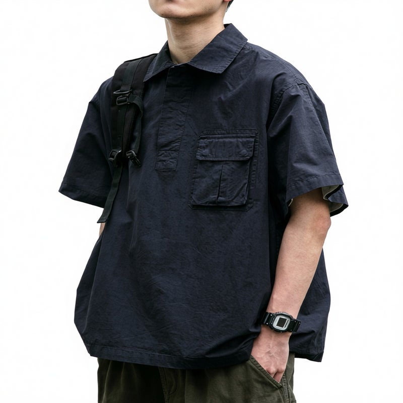 Retro Workwear Pullover Short Sleeve Shirt Men Summer Casual Loose Fit Outdoor Top - Image 1