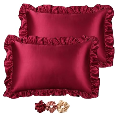 GO WELL Ruffle Satin Pillowcase for Hair and Skin, Standard Size Satin Pillow Covers Silky Pillow Cases Set of 2, Satin Ruffled Pillowcase with Envelope Closure (Maroon) 1000tc - Image 1
