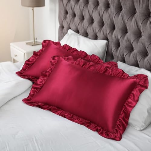 GO WELL Ruffle Satin Pillowcase for Hair and Skin, Standard Size Satin Pillow Covers Silky Pillow Cases Set of 2, Satin Ruffled Pillowcase with Envelope Closure (Maroon) 1000tc - Image 4