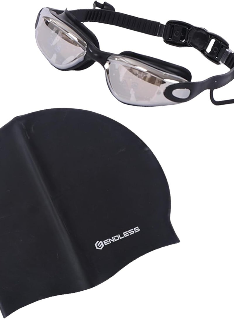 ENDLESS  High-Performance Swimming Cap and Goggles Combo Set | Premium Silicone Swim Cap with Anti-Fog, UV Protection Swim Goggles|Sleek Design for Men and Women |Color: Black - Image 1
