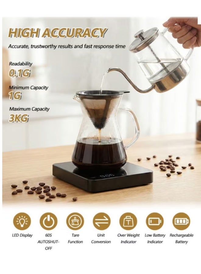 Hirospace Digital Coffee Scale with Timer, V60 Pour Over Drip Coffee Scale with Type-C & LED Display, Kitchen Food Scale with Non-Slip Silicone Pad, Black - Image 2