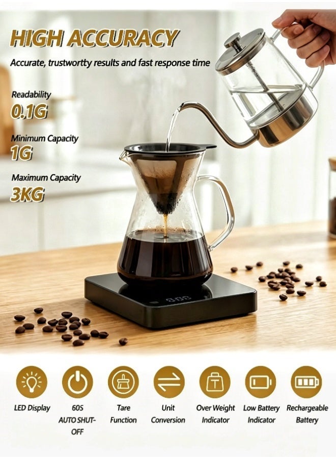 Hirospace Digital Coffee Scale with Timer, V60 Pour Over Drip Coffee Scale with Type-C & LED Display, Kitchen Food Scale with Non-Slip Silicone Pad, Black - Image 2