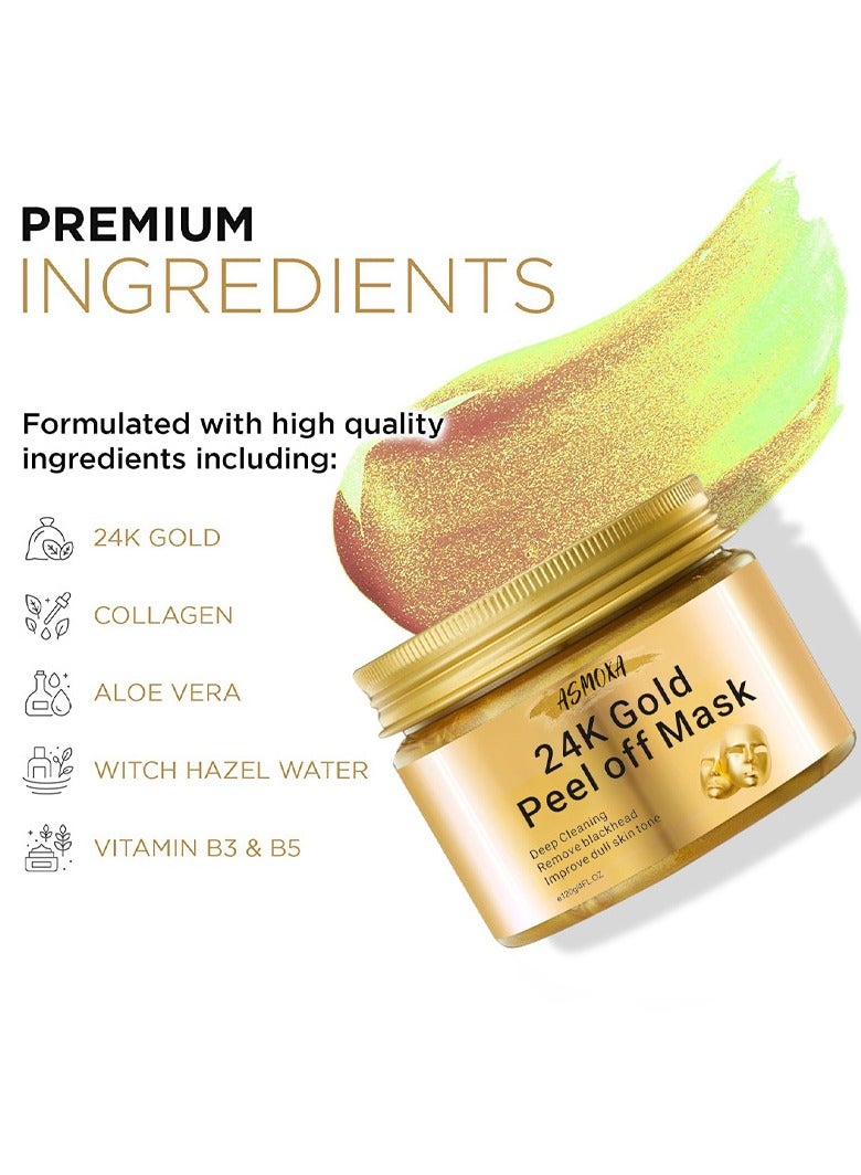 ASMOXA Blackhead Remover Mask, 24K Gold Peel Off Mask for Lifting and Smoothing, Skin Radiance, Replenish Collagen for Skin -Gold Facial Mask With Mask Brush Gold Facial Mask Anti-Aging, Deep Cleansing - Image 3