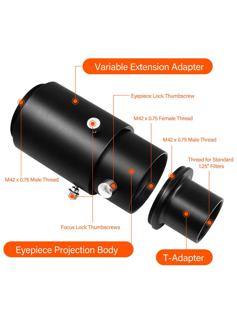 Astromania Astromania 1.25" Extendable Camera Adapter - for Either Prime-Focus Or Eyepiece-Projection Astrophotography with Refractors or Reflector Telescopes - Threaded for Standard 1.25inch Astronomy Filters  - Image 2