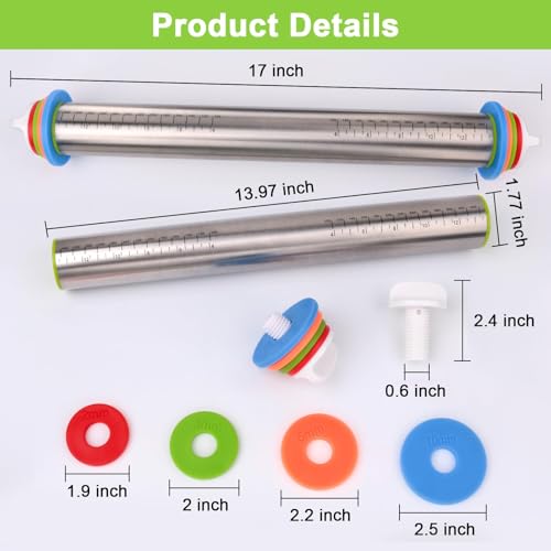 BIDFUL Rolling Pin with Thickness Rings and Red Silicone Baking Mat Adjustable Stainless Steel Rolling Pins for Pasta or Sugar Decorating Cookies Bread Making Tools Fondant Roller for Dough Dumpling - Image 3