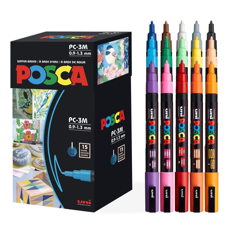 POSCA 15 Posca Paint Markers, 3M Fine Posca Markers of Acrylic Paint Penswith Reversible Tips | Posca Pens for Art Supplies, Fabric Paint, Fabric Markers, Paint Pen, Art Markers - Image 1