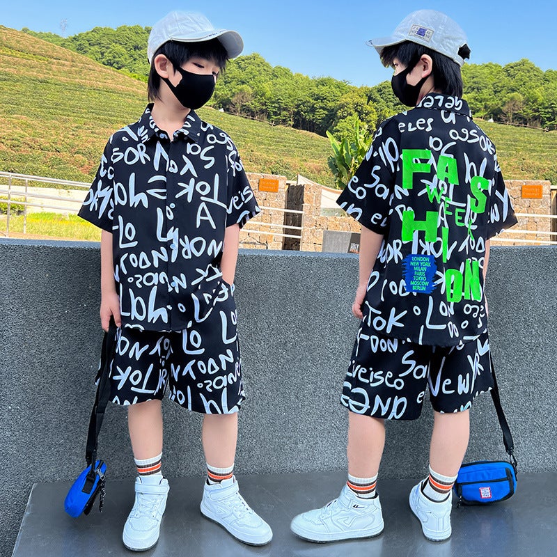 Boys Summer Short Sleeve Shirt Set 2024 Trendy Black 2252 Shirt suit