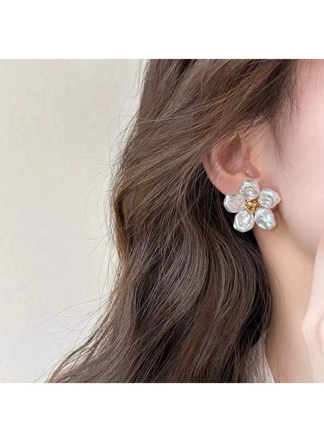 Goolsky Baroque Pearl Flower Earrings for Women – Chic Designer Floral Studs, Elegant Small Fresh Jewelry, Baroque Pearl Floral Design, Daily Wear/Parties - Image 4