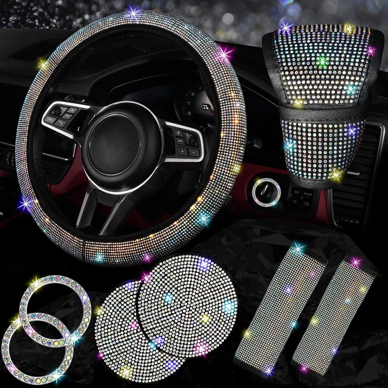 NBTEPEM 8 pcs Bling Car Accessories Set for Women, Steering Wheel Cover, Sparkly Seat Belt Covers, Bling Gear Shift Cover, Universal Fit Most Cars (Multicolor Diamond) - Image 1